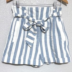 Topshop Blue White Striped Paperbag Shorts Linen Sz 8 Coastal Beach Vacation